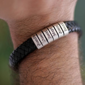 Mens Leather Bracelet for Fathers Day Gift, Personalized Gift For Him, Custom Family Name Bracelet for Dad, Husband, Boyfriend Gifts
