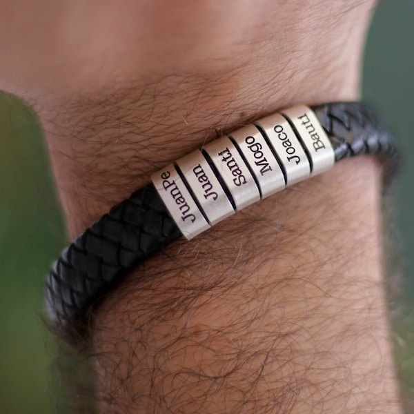 Personalized Leather Bracelet For Men – Custom Name Engraved Bracelet For Dad, Father's Day Gift, Stainless Steel & Leather