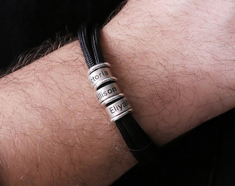 Personalized Mens Cord Bracelet: Engraved Sterling Silver Beads, Adjustable Paracord