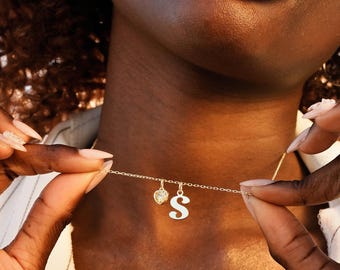 Personalized Heart Birthstone Necklace with Initial Charm, Custom Name Jewelry for Women, Meaningful Christmas Gift, Minimalist Jewelry