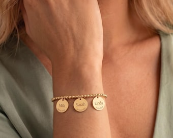 Personalized Name Bracelet with Kids Names, Custom Disc Charm Bracelet, Gold Beaded Bracelet for Mom, Engraved Birthstone Date Gift