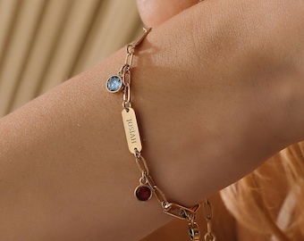 Custom Paperclip Chain Birthstone Family Bracelet for Grandma ~ Personalized Name Bracelets for Women ~ Kids Name Bracelet ~Mothers Day Gift