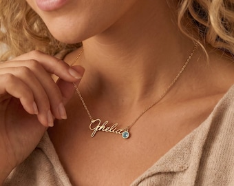Custom Name Necklace with Birthstone, Gold Personalized Nameplate Necklace, Script Name Jewelry, Gift for Her, Bridesmaid Gift