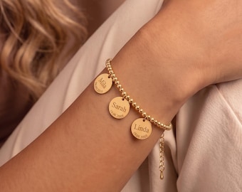 Personalized Name Bracelet, Gold Beaded Bracelet with Engraved Charms, Custom Mother Bracelet with Kids Names, Gift for Mom Her
