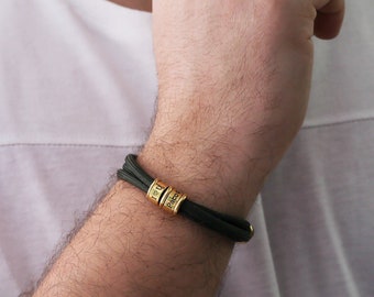 Mens Personalized Cord Bracelet: Engraved Sterling Silver Name Beads