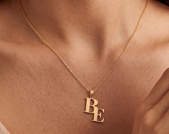 Custom Double Initial Letter Necklace, Gold Plated Letters Pendant, Personalized Gift Jewelry, Bridesmaid Gift, Gift for Her