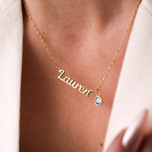 Custom Birthstone Name Necklace: 14k Gold Plated Personalized Jewelry