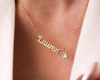 Custom Birthstone Name Necklace: 14k Gold Plated Personalized Jewelry, Christmas Gift for Mom