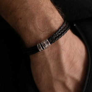 Fathers Day Gift For Him, Husband or Boyfriend or Dad, Personalized Mens Leather Bracelet with Silver Beads,Custom Kids Name Gift For Him
