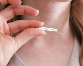 Medical Alert Necklace, Dainty Medical ID Necklace, Penicillin Allergy Necklace, Vertical or Horizontal Bar Necklace for Women