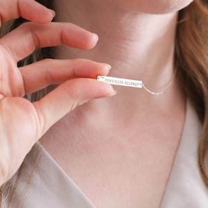 Medical Alert Necklace, Dainty Medical ID Necklace, Penicillin Allergy Necklace, Vertical or Horizontal Bar Necklace for Women