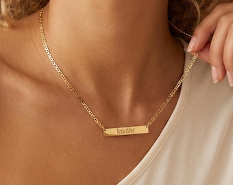 Personalized Name Bar Necklace with Mariner Chain, Custom Engraved Gold Necklace, Dainty Christmas Jewelry Gift for Her
