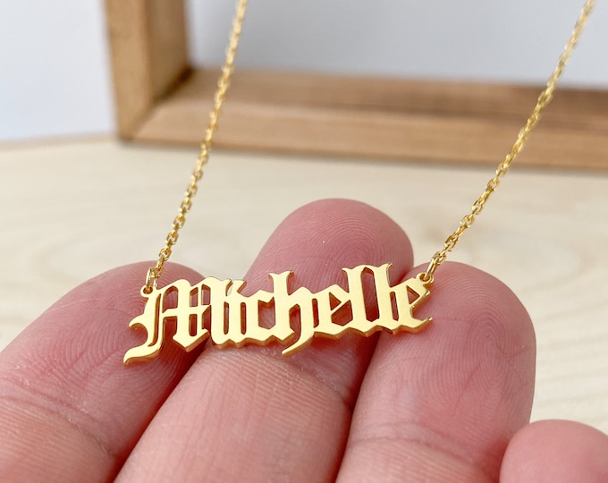 Personalized Old English Name Necklace, Customized Gothic Style Nameplate Necklace. Gothic Font Old English Pendant, Personalized Jewelry