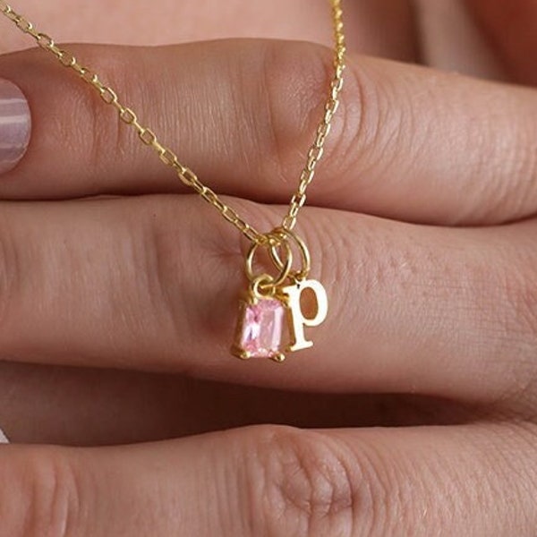 925 Sterling Silver Birthstone Initial Necklace, Tiny Letter Jewelry,Custom Birthday Gift for Her, New Mom Gift,Christmas Gift for Grandma