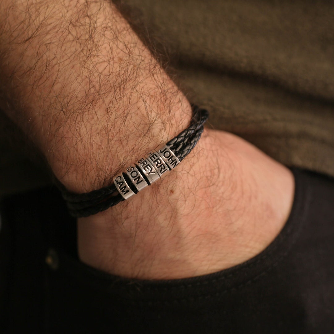 Fathers Day Name Bracelet Personalized Men's Leather Bracelet, Dad