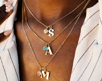 Personalized Heart Birthstone Necklace with Initial Charm: Custom Jewelry for Women, Minimalist Christmas Gift Idea, Grandma Jewelry Gift