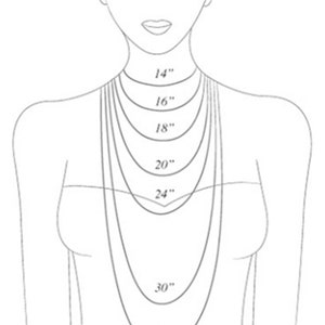 May include: A line drawing of a person's neck and shoulders with different lengths of necklaces marked with measurements in inches: 14", 16", 18", 20", 24", and 30".