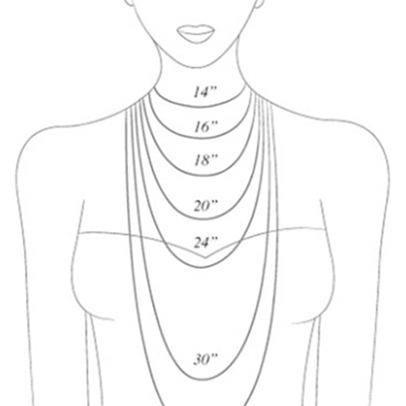 May include: A line drawing of a person's neck and shoulders with different lengths of necklaces marked with measurements in inches: 14", 16", 18", 20", 24", and 30".