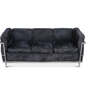 Le Corbusier LC2 Three Seater Childrens Sofa With Tubular Chrome Shaped Frame Later Version Black Brushed Velvet