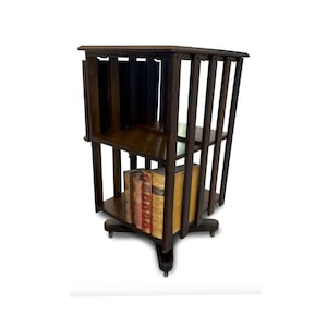 Victorian Oak Revolving Bookcase On Solid Iron Base Befitted With Castors Featuring Two Shelves & A Mechanical Bookstand