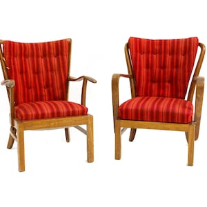 Søren Hansen For Fritz Hansen Stained Beech Red Upholstered Open Framed Armchairs Model 1628 Denmark Price For Pair of His and Her Chairs