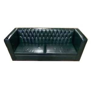 Polished Dark Green Leather Three Seater Chesterfield Sofa With Deep Button Back Seat On Squared Block Feet 1930&#39;s Art Deco