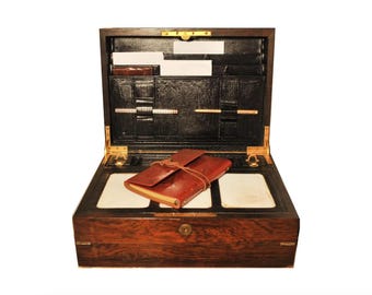 Rare Handcrafted Victorian Rosewood Leather Fold-out Stationary Writing Slope With Bramah Lock