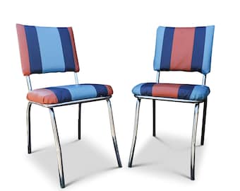 Paar retro Americana chromen eetkamerstoelen uit de jaren 50 met opvallend gestreepte bekleding