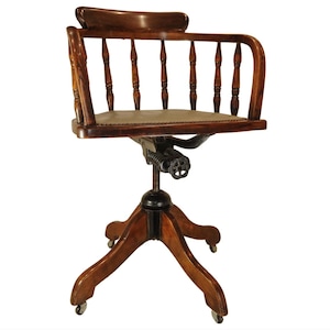Antique Captains Desk Chair With An Iron Tilt Mechanism With Brass Stud Detailing & Iron Base