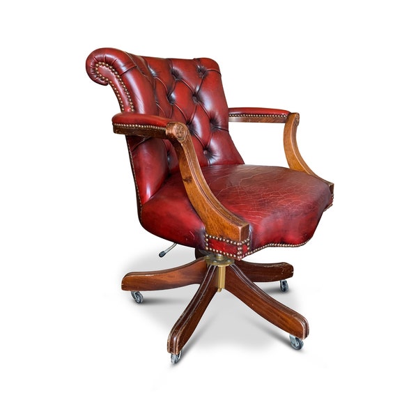 Classic Chesterfield Revolving Captain's Chair With Polished Oxblood Leather Upholstery Finished With Brass Studs - Read Shipping info