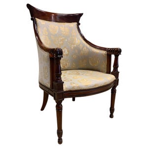 William IV Polished Mahogany Armchair With Cream Damask Upholstery