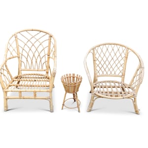Mid-Century Bamboo & Rattan His and Hers Lounge Chairs With a Single Wine Bucket Holder Jungalow Aesthetic