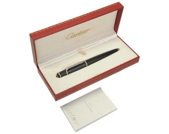 Stunning Cartier Diabolo Black Resin Finish Ballpoint Pen With Steel Mounts & A Blue Resin Cabochon, Supplied With Original Red Cartier Box