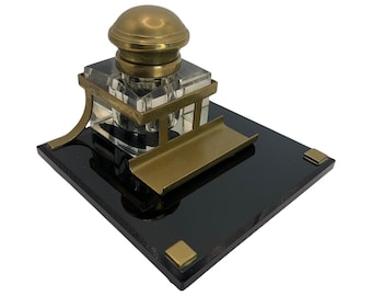 Art Deco Lacquered Desk Set With Brass Bound Bevelled Glass Inkwell
