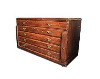 Early 20th Century Pine Plan Chest With Brass Fixtures Fitted With Five Long Drawers Has Lockable Front Section - Read Shipping Info