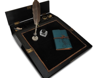 A Beautiful Victorian Japanned Writing Slope With Decorative Enamel Inlays & A Fitted Interior With Black Velvet