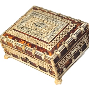 19th Century Moorish Tortoiseshell and Bone Blue Velvet Lined Trinket Box