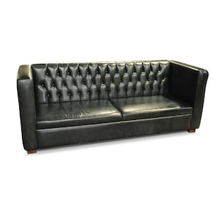 Polished Dark Green Leather Three Seater Chesterfield Sofa With Deep Button Back Seat On Squared Block Feet 1930&#39;s Art Deco