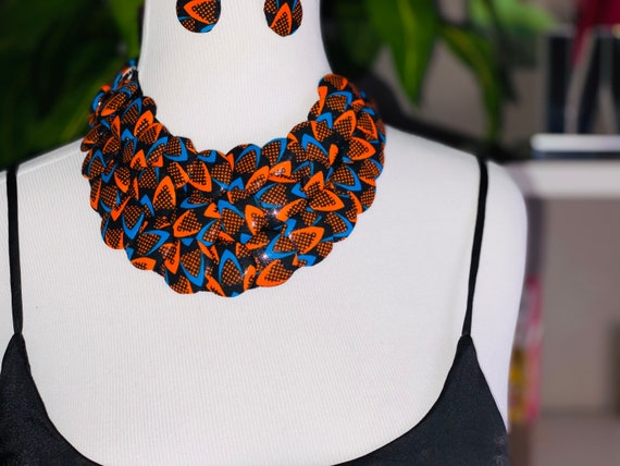 Ankara Button Bib Necklace with matching earrings