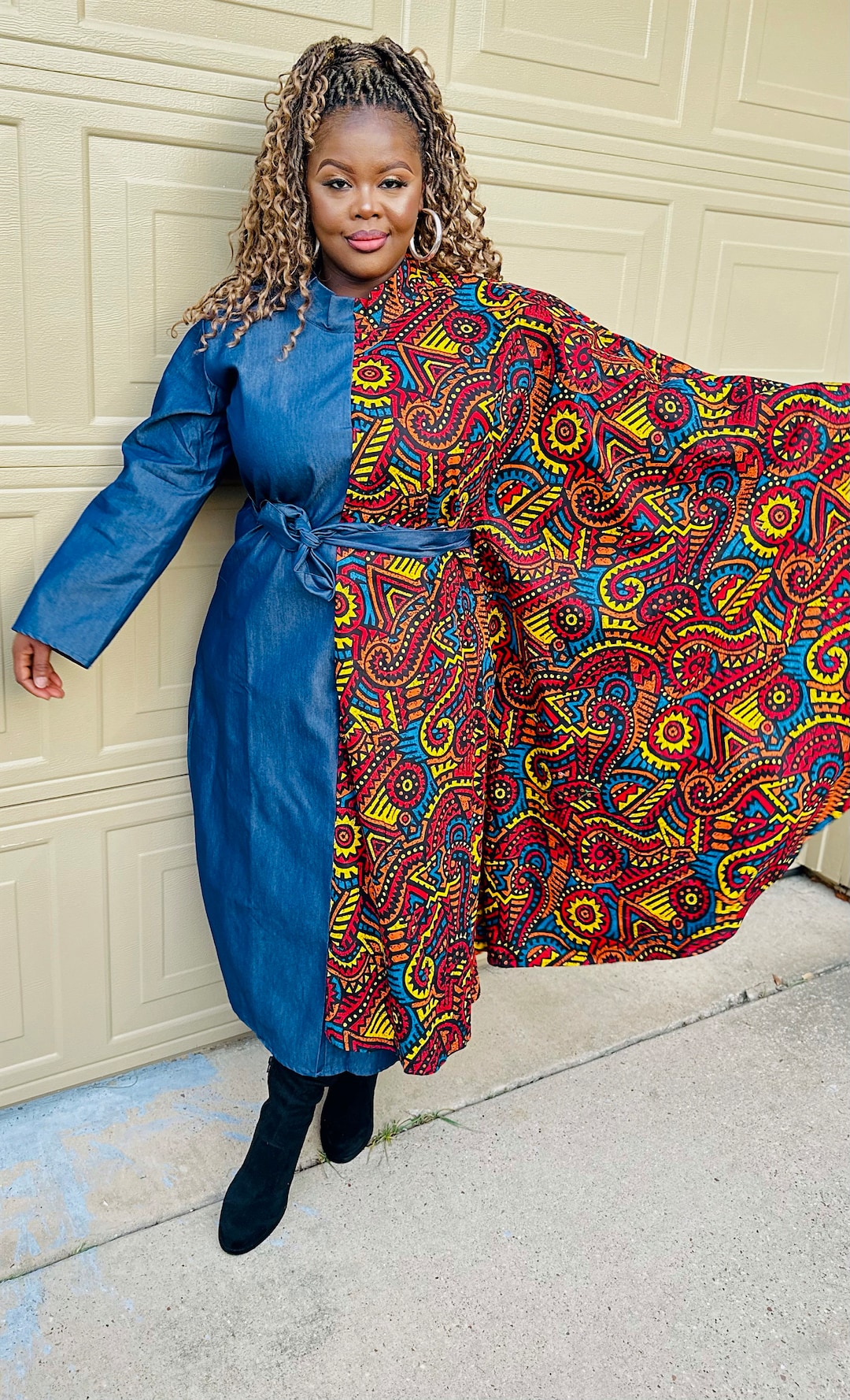 African Ankara Print Denim Dress: Belted Capelet Style - Etsy