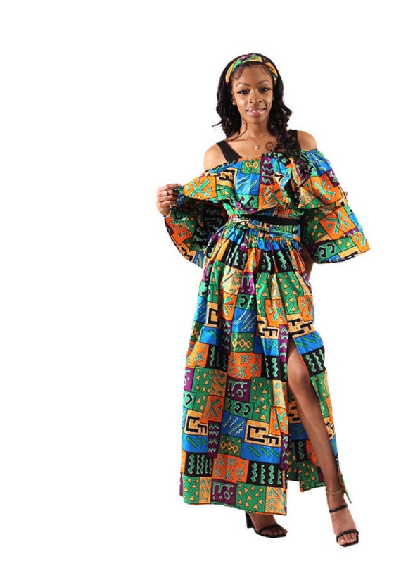 African Print Ruffled Top & Skirt Set
