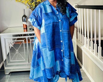 Denim Print Faux Silk High-Low Dress Casual Shirt Style Women's Fashion