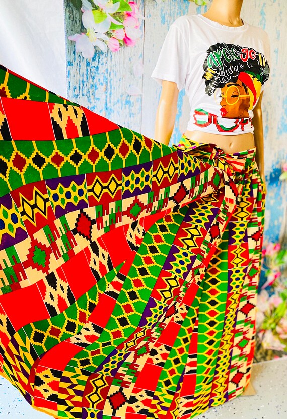 African Print Maxi Skirt with Pockets and Head wrap