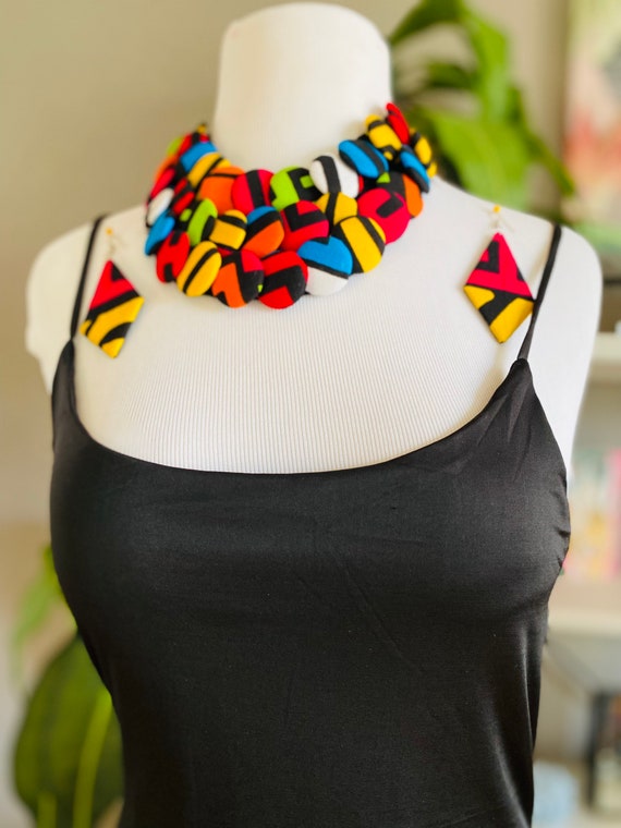 Ankara Button Bib Necklace with matching earrings