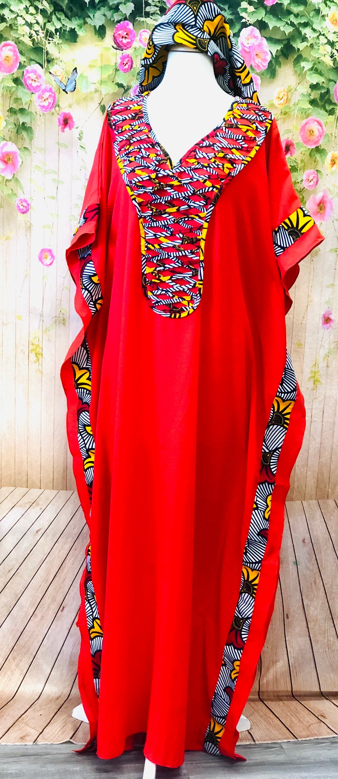 Ankara Trim Kaftan with Matching Headwrap