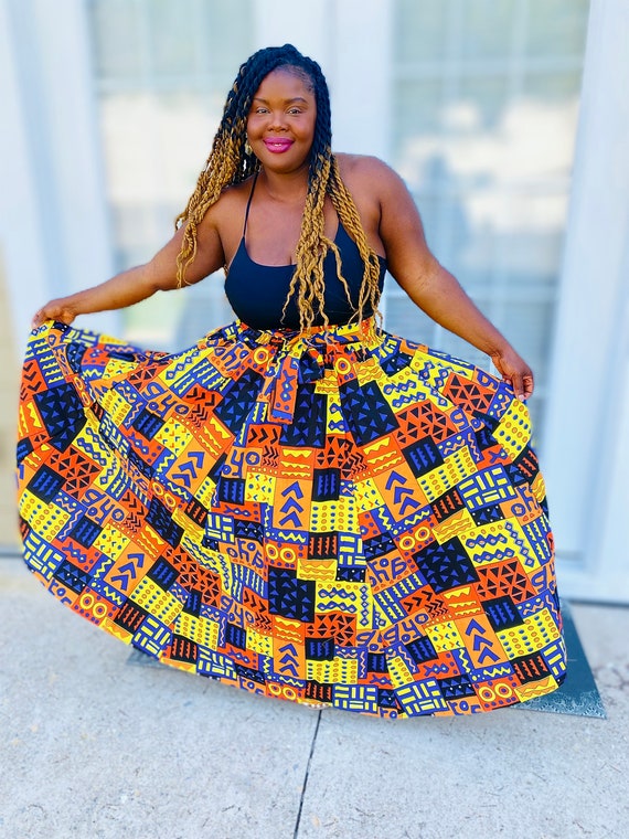 African Print Maxi Skirt with Pockets and Head wrap