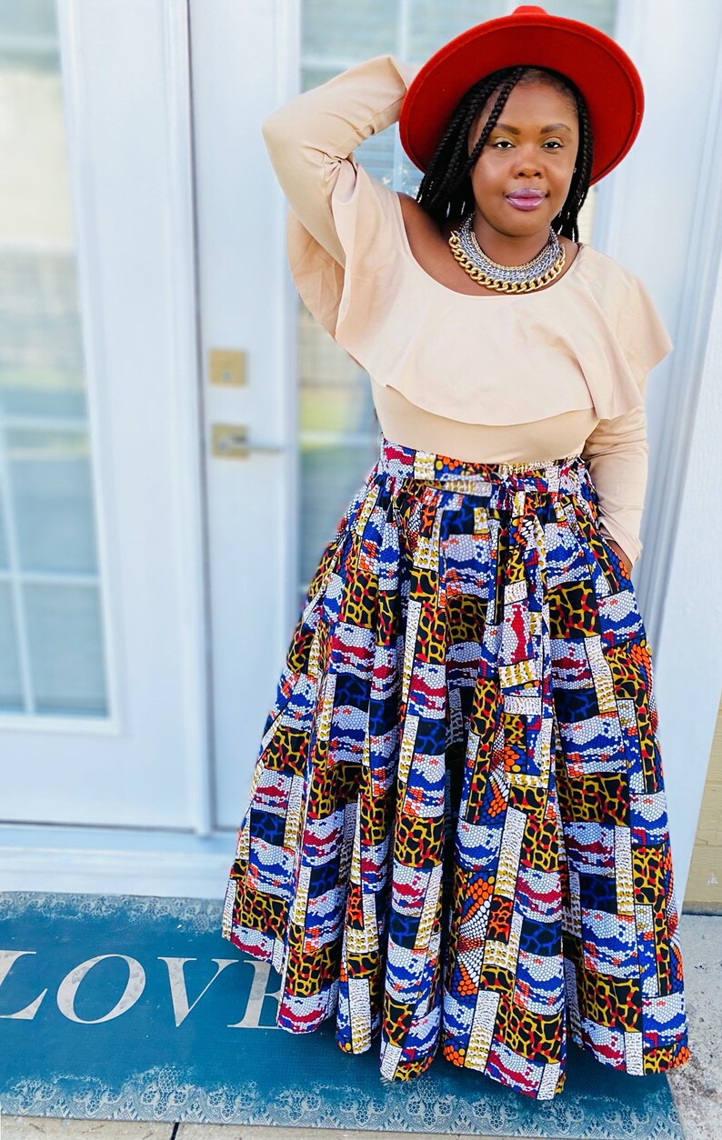 African Print Maxi Skirt with Pockets and Head wrap image 3