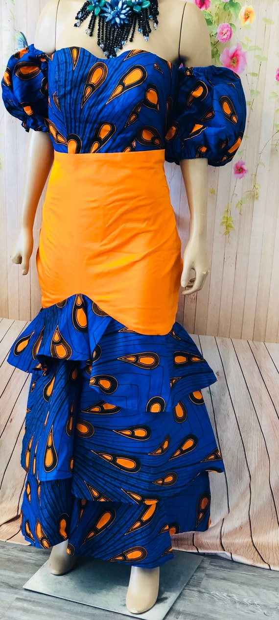 Peacock Off The Shoulder Mermaid Dress with Headwrap