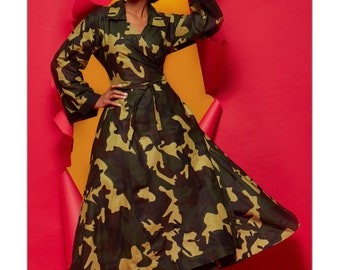 Long Sleeve Camouflage Wrap Dress