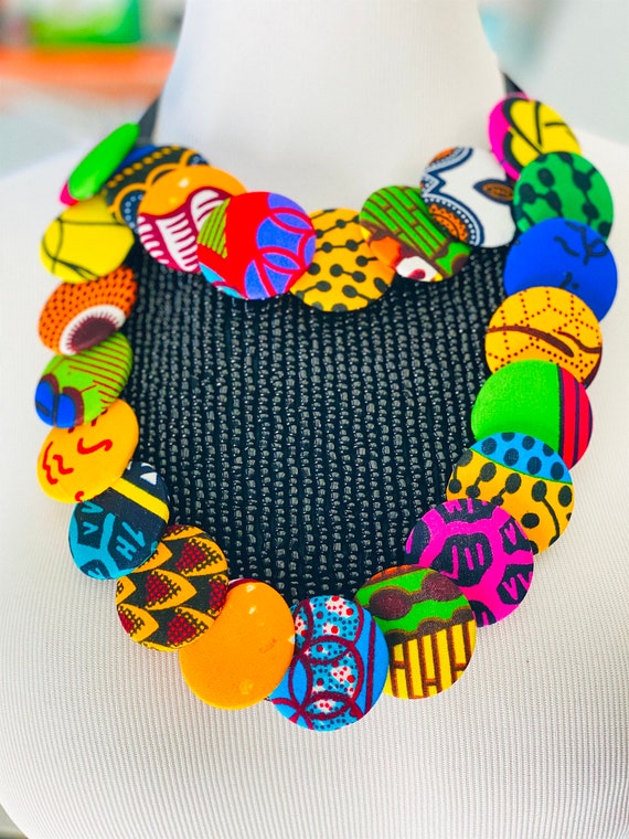 Ankara Button Beaded Bib Necklace